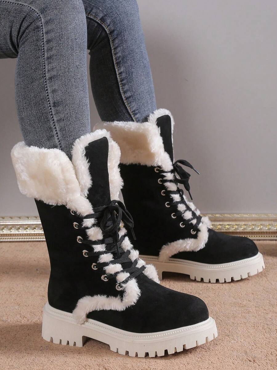 Fall/Winter Thick Sole Mid-Calf Lace-Up Snow Boots For Women, Warm Plush Lined, European Style, Fits Large Sizes,Fur Boots