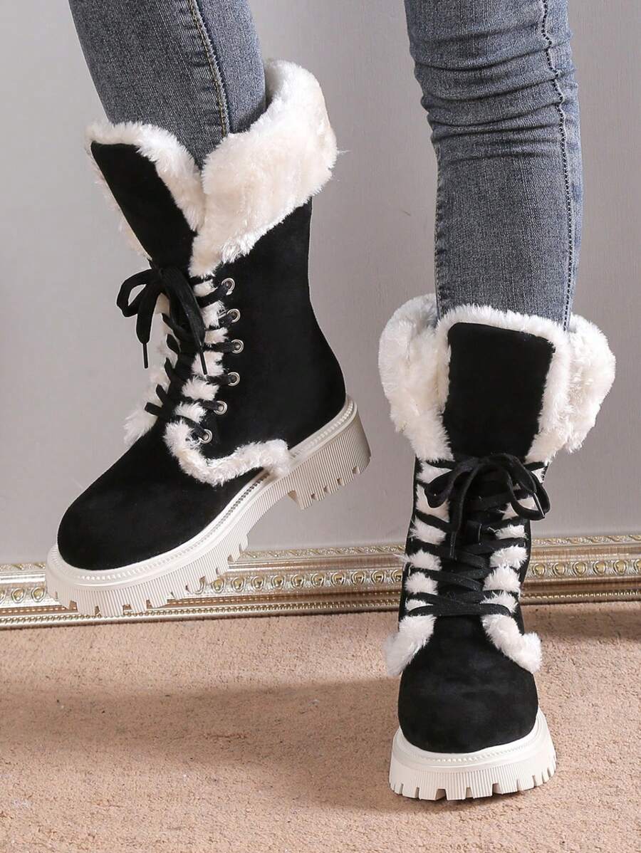 Fall/Winter Thick Sole Mid-Calf Lace-Up Snow Boots For Women, Warm Plush Lined, European Style, Fits Large Sizes,Fur Boots