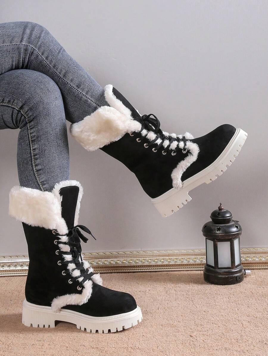 Fall/Winter Thick Sole Mid-Calf Lace-Up Snow Boots For Women, Warm Plush Lined, European Style, Fits Large Sizes,Fur Boots