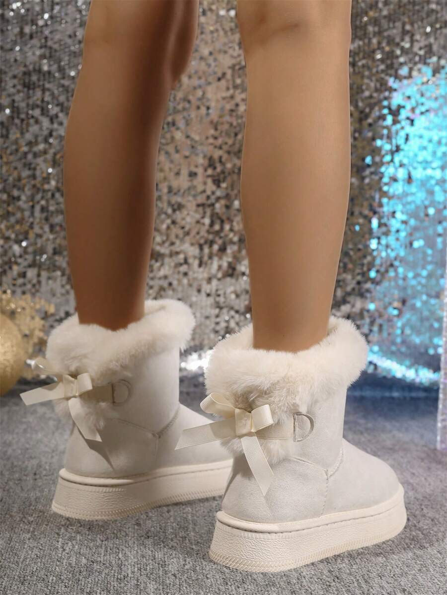 2025Women Snow Boots Winter New Warm Plush Lined Soft Bottom One-Push Bow Decor Thick Sole Boots