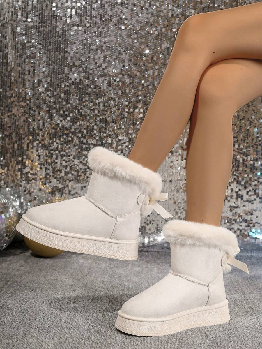 2025Women Snow Boots Winter New Warm Plush Lined Soft Bottom One-Push Bow Decor Thick Sole Boots