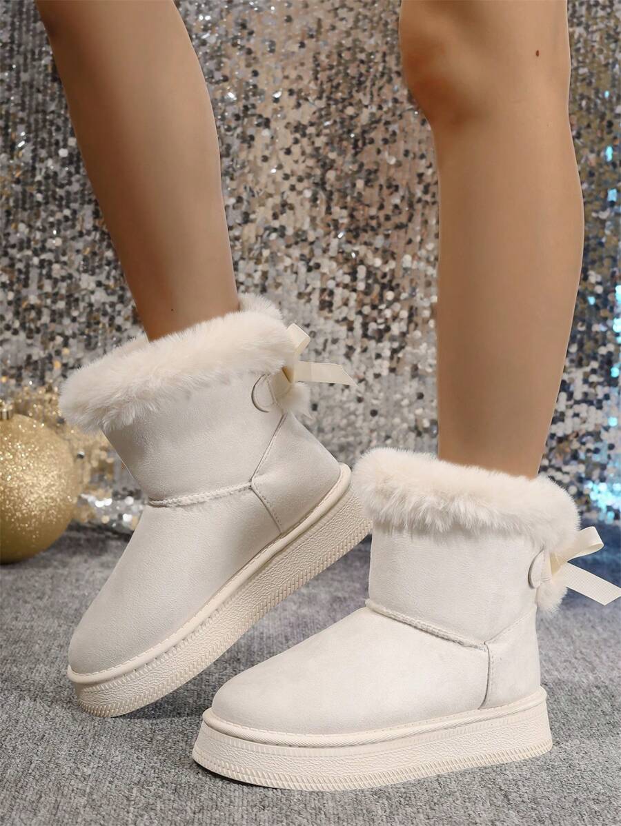 2025Women Snow Boots Winter New Warm Plush Lined Soft Bottom One-Push Bow Decor Thick Sole Boots