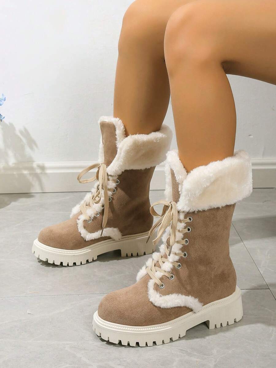 Fall/Winter Thick Sole Mid-Calf Lace-Up Snow Boots For Women, Warm Plush Lined, European Style, Fits Large Sizes,Fur Boots