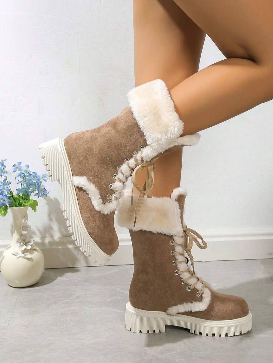 Fall/Winter Thick Sole Mid-Calf Lace-Up Snow Boots For Women, Warm Plush Lined, European Style, Fits Large Sizes,Fur Boots