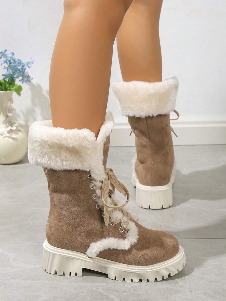 Fall/Winter Thick Sole Mid-Calf Lace-Up Snow Boots For Women, Warm Plush Lined, European Style, Fits Large Sizes,Fur Boots