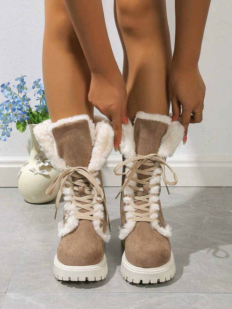 Fall/Winter Thick Sole Mid-Calf Lace-Up Snow Boots For Women, Warm Plush Lined, European Style, Fits Large Sizes,Fur Boots