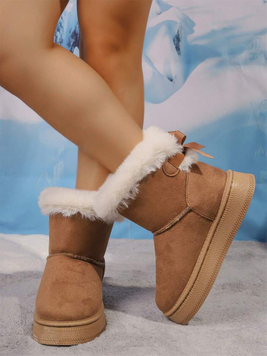2025Women Snow Boots Winter New Warm Plush Lined Soft Bottom One-Push Bow Decor Thick Sole Boots