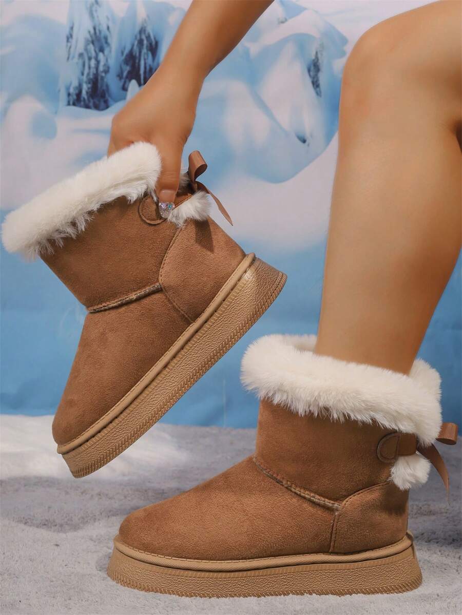 2025Women Snow Boots Winter New Warm Plush Lined Soft Bottom One-Push Bow Decor Thick Sole Boots
