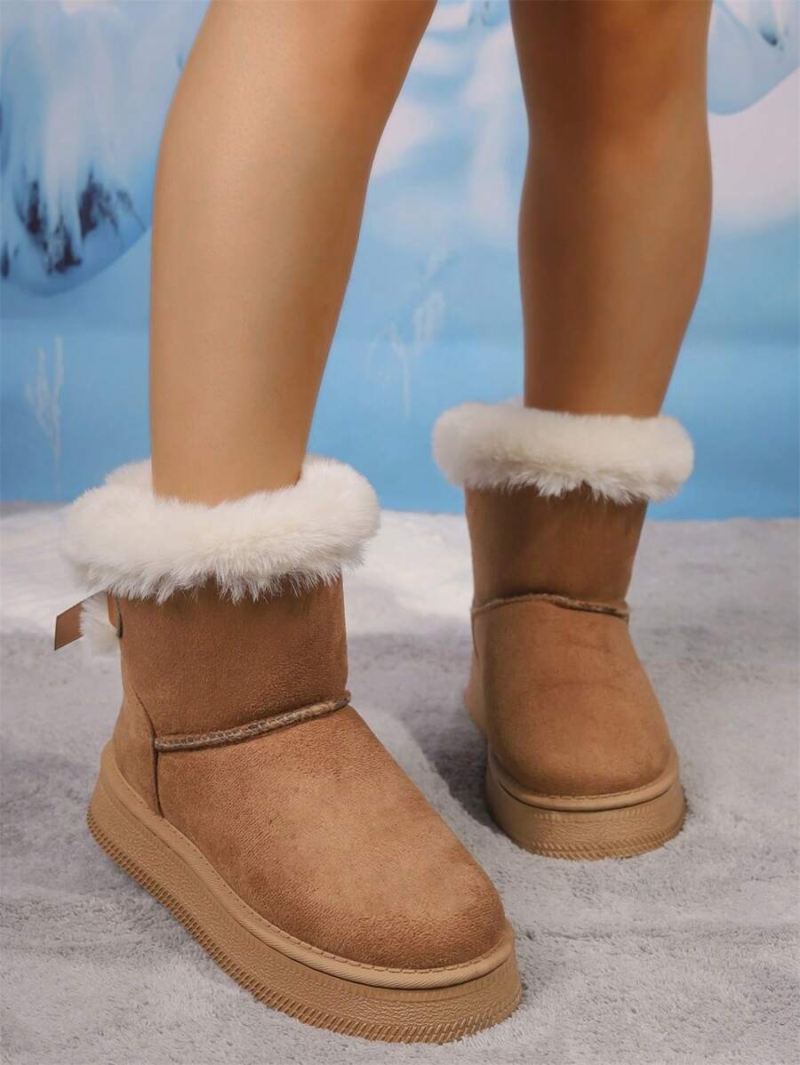 2025Women Snow Boots Winter New Warm Plush Lined Soft Bottom One-Push Bow Decor Thick Sole Boots