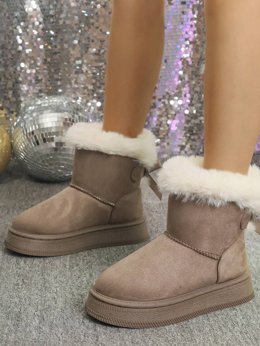 2025Women Snow Boots Winter New Warm Plush Lined Soft Bottom One-Push Bow Decor Thick Sole Boots