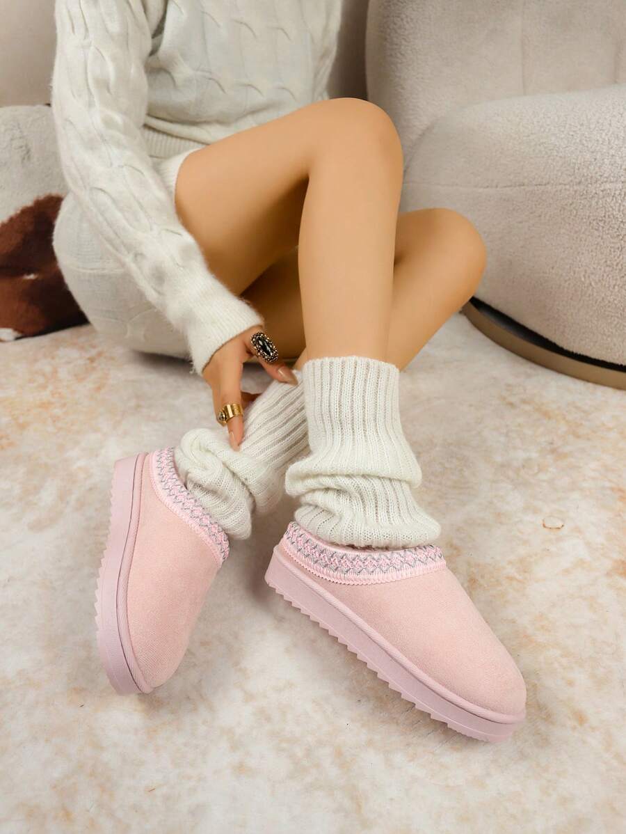 Fall/Winter Women Plus Size Slip-On Knitted Collar Snow Boots, Warm And Slouchy Indoor/Outdoor Plush Footwear,Fur Boots