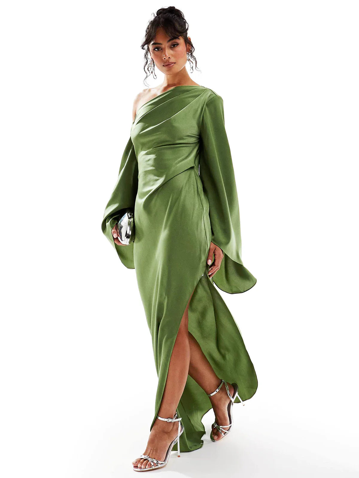 Green Satin One-Shoulder Maxi Dress