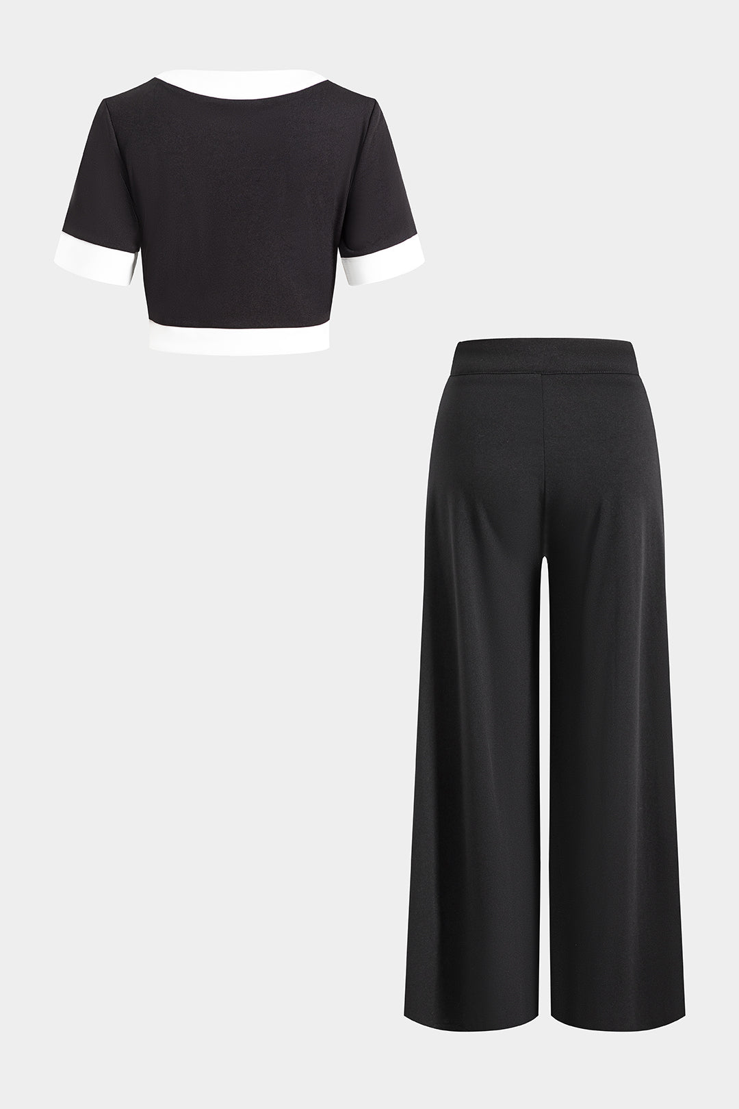 Contrast Metallic Button Short-Sleeve Shirt And Wide Leg Trousers Set