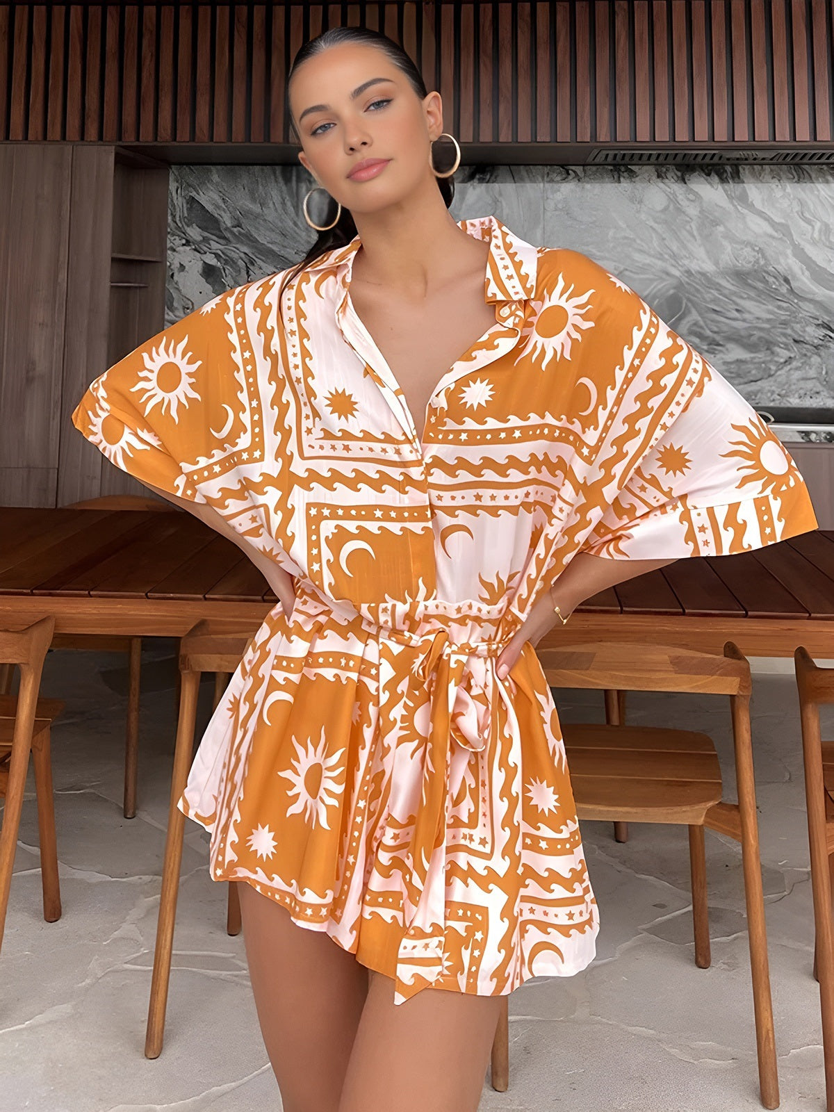 Sun Moon Print Satin Romper