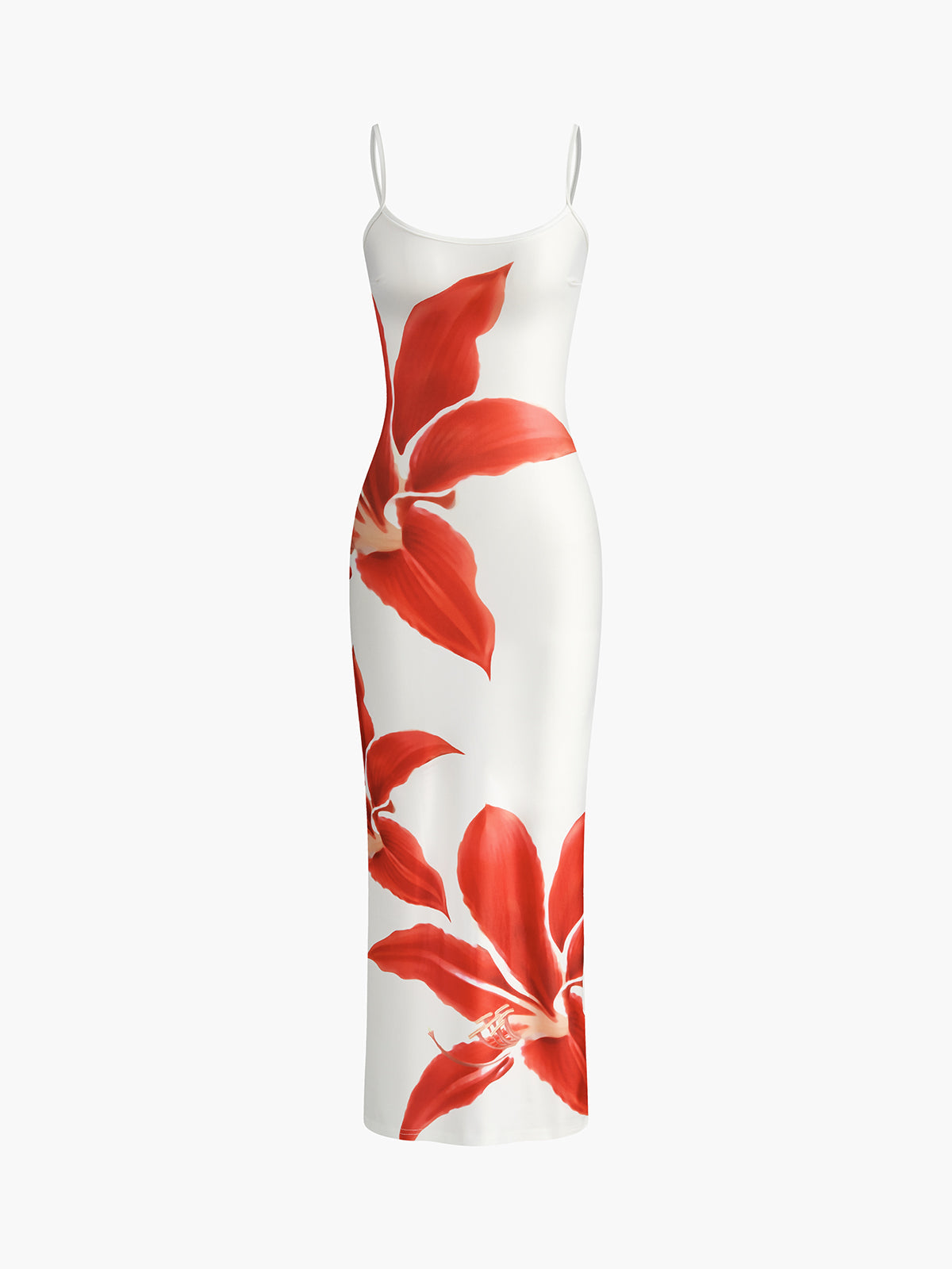 White Floral Bodycon Maxi Dress β Tropical Red Lily Print