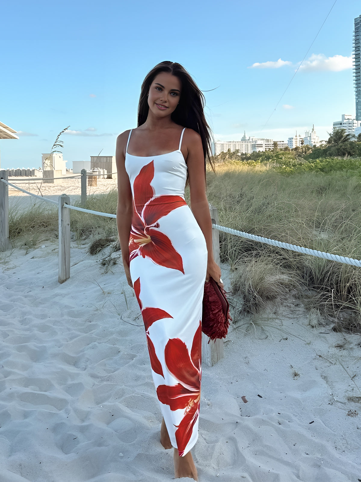 White Floral Bodycon Maxi Dress β Tropical Red Lily Print