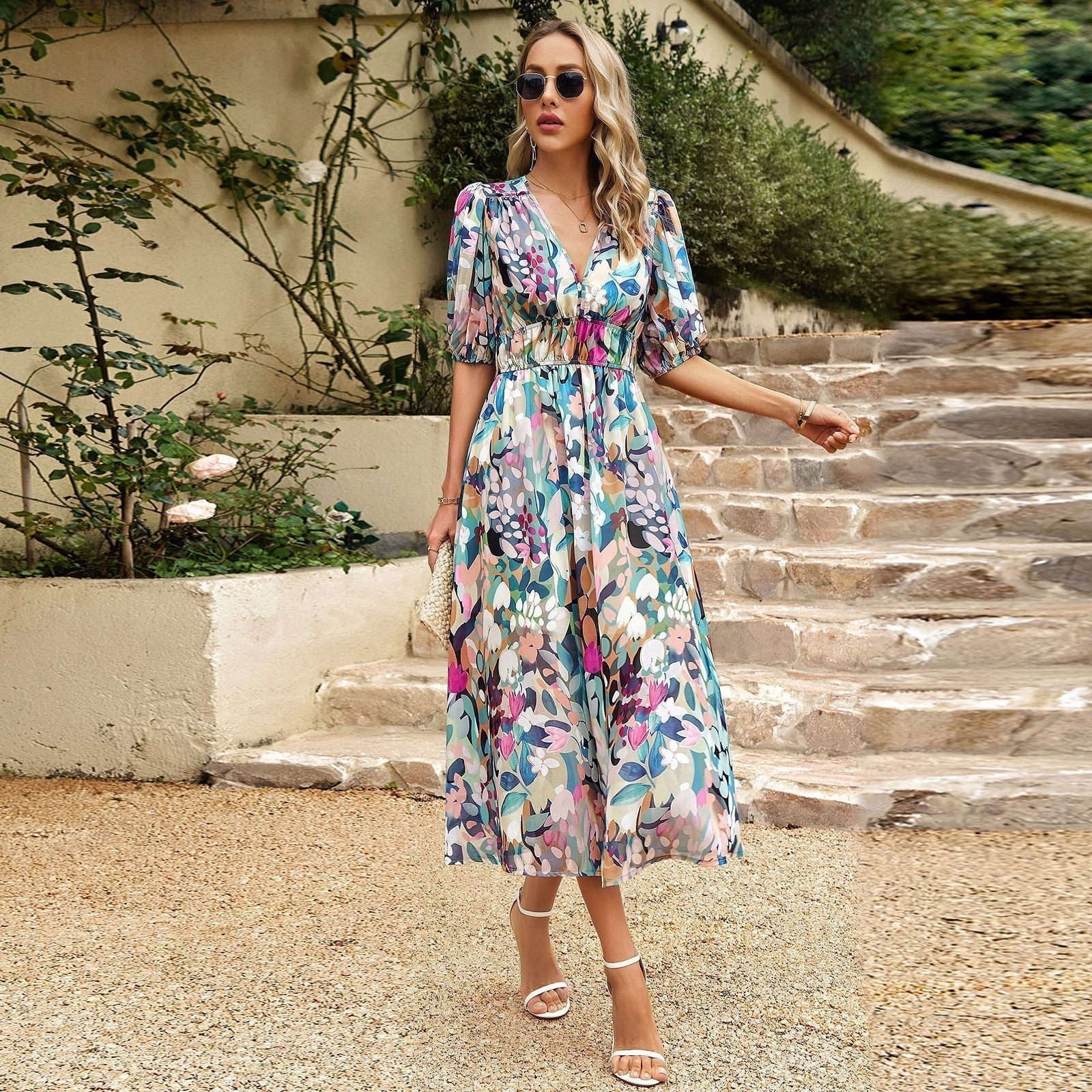 V-Neck Casual Midi Dress – Comfy Waist Tie Fit
