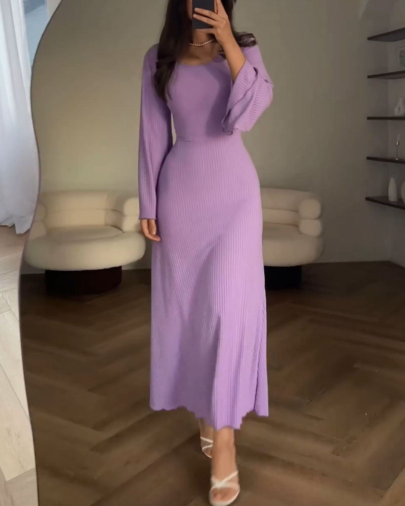 Lavender Ribbed Knit Sleeve Maxi Dress