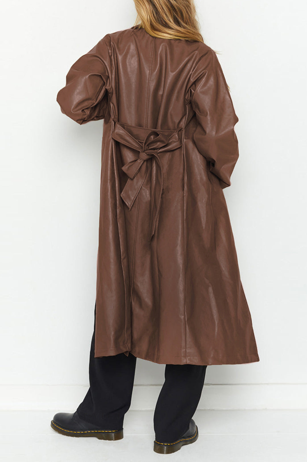 Solid Faux Leather Pocket Knot Long Coat