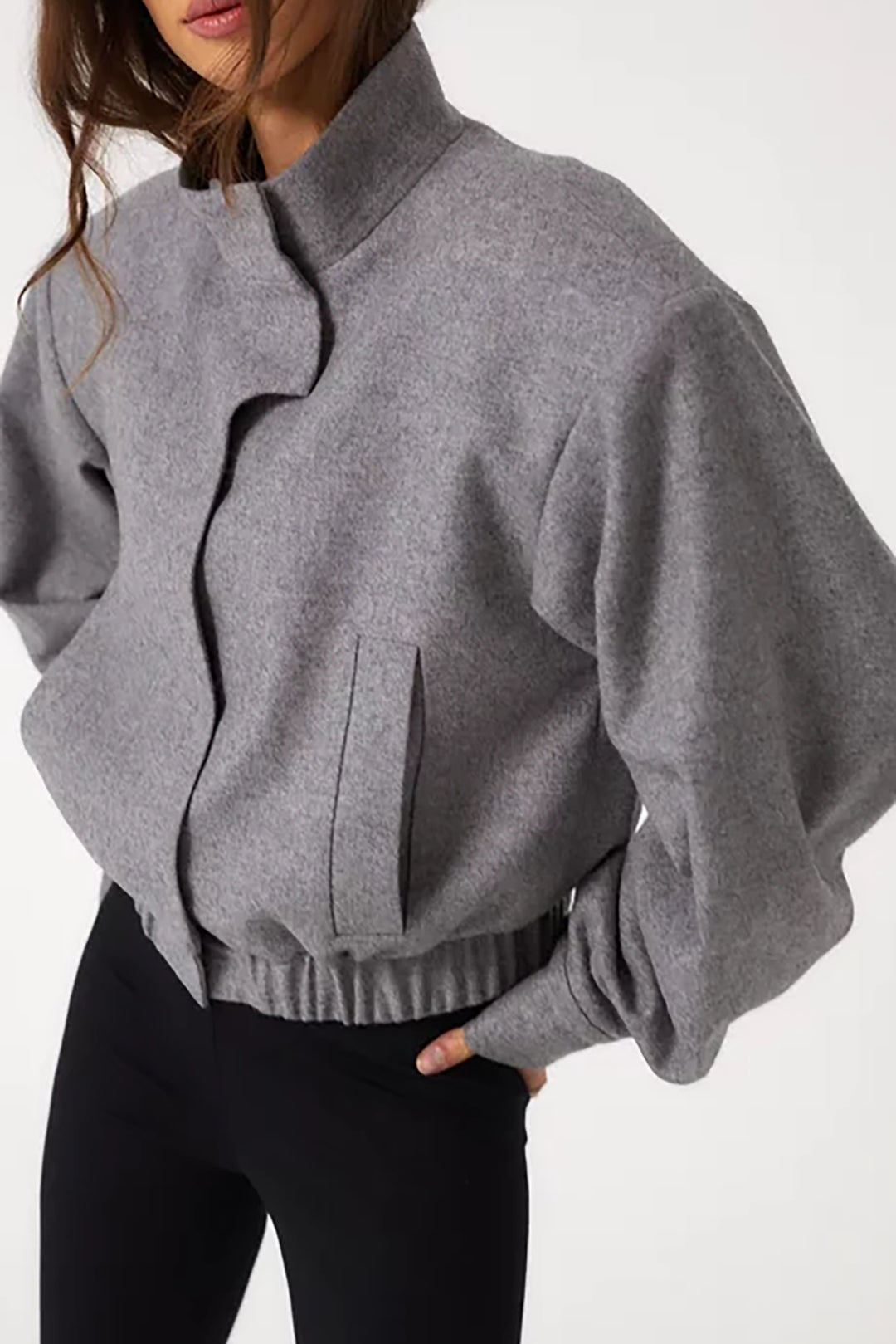 Solid Stand Collar Button Pocket Jacket