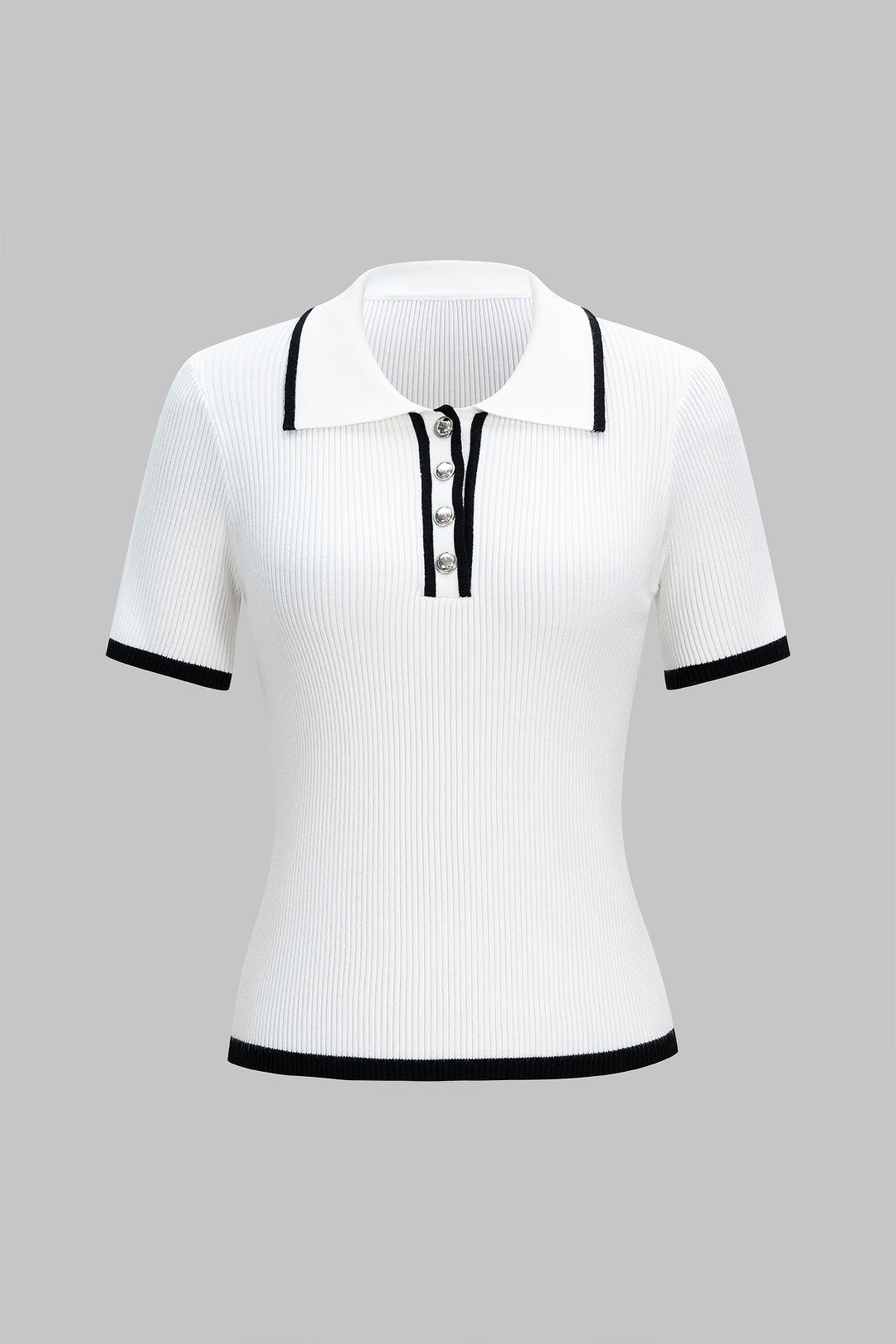 Knit Button Contrast Short-Sleeve Top