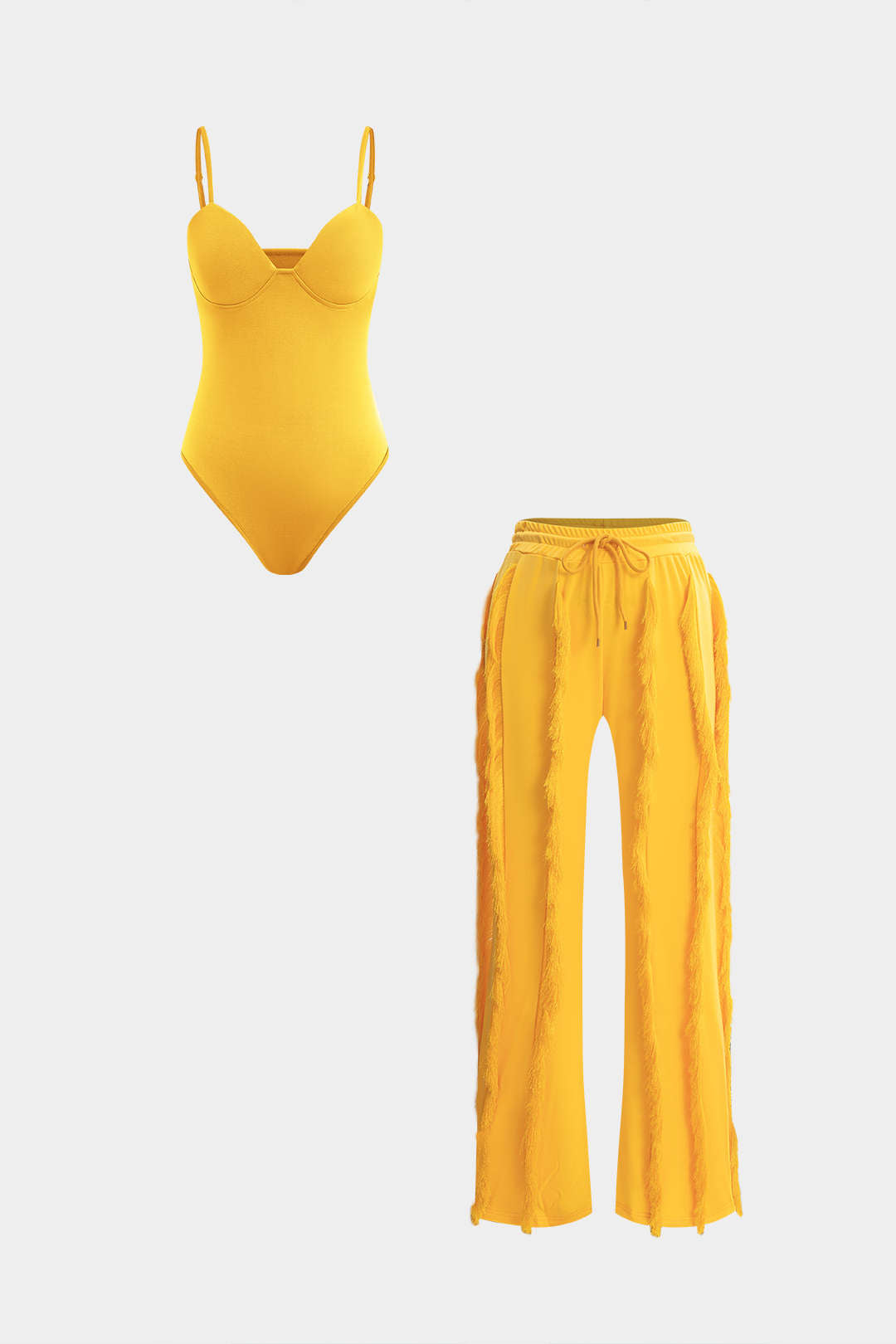 Bustier Slip Bodysuit And Fringe Tie Front Wide Leg Trousers Set