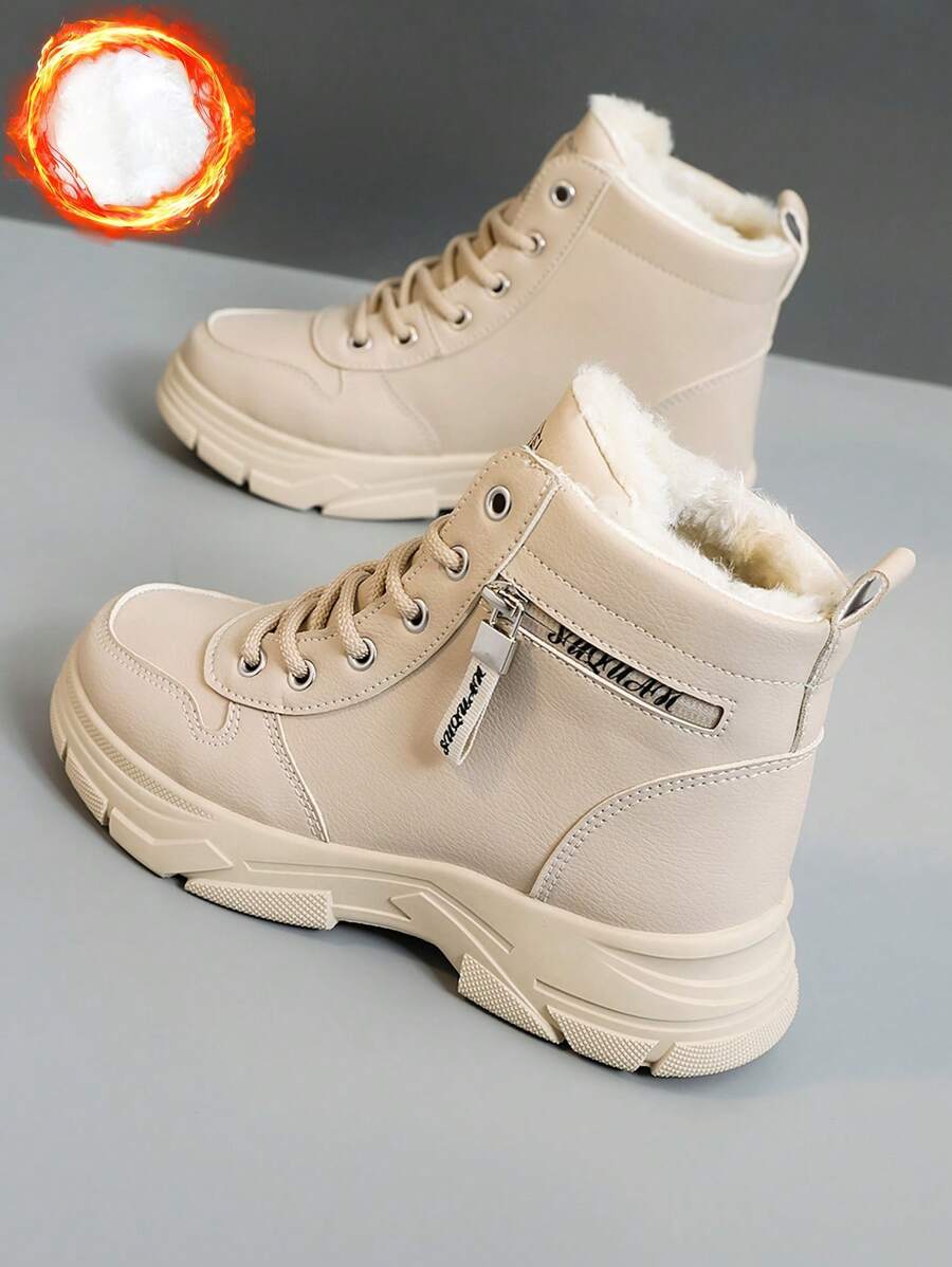 Women's White Shoes, Casual Shoes, Sports Shoes, 2024 Winter New Item With Added Fleece Warmth, Outdoor Thick Sole Height Increase, Fashionable And Versatile Vacation Style, Student Outdoor Hiking Skateboarding Shoes, Flat Chunky Sneakers, Snow Boots, Wom