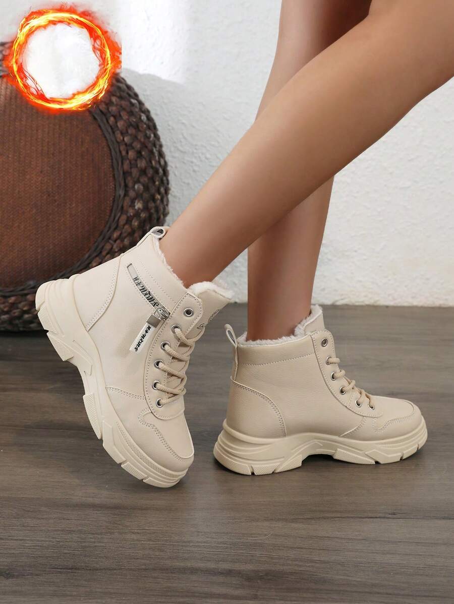 Women's White Shoes, Casual Shoes, Sports Shoes, 2024 Winter New Item With Added Fleece Warmth, Outdoor Thick Sole Height Increase, Fashionable And Versatile Vacation Style, Student Outdoor Hiking Skateboarding Shoes, Flat Chunky Sneakers, Snow Boots, Wom