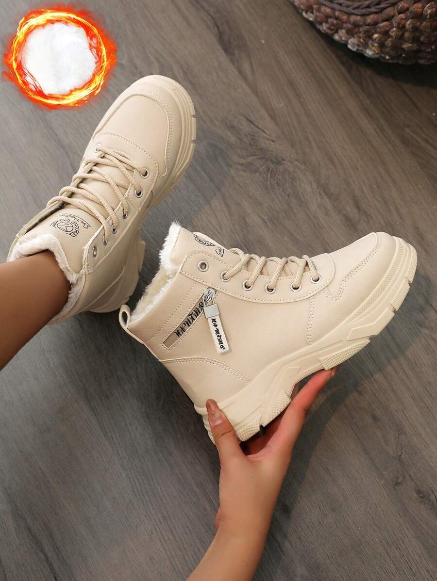 Women's White Shoes, Casual Shoes, Sports Shoes, 2024 Winter New Item With Added Fleece Warmth, Outdoor Thick Sole Height Increase, Fashionable And Versatile Vacation Style, Student Outdoor Hiking Skateboarding Shoes, Flat Chunky Sneakers, Snow Boots, Wom