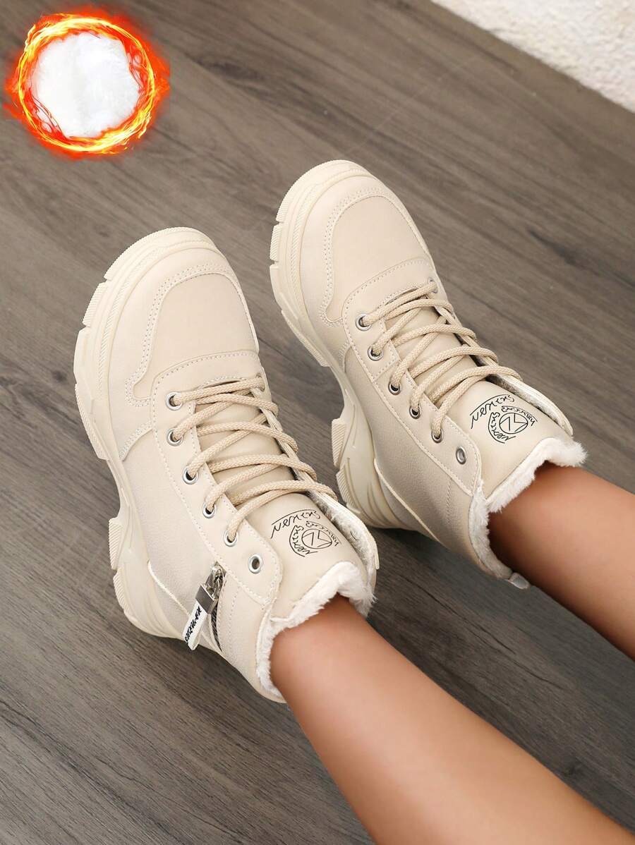 Women's White Shoes, Casual Shoes, Sports Shoes, 2024 Winter New Item With Added Fleece Warmth, Outdoor Thick Sole Height Increase, Fashionable And Versatile Vacation Style, Student Outdoor Hiking Skateboarding Shoes, Flat Chunky Sneakers, Snow Boots, Wom