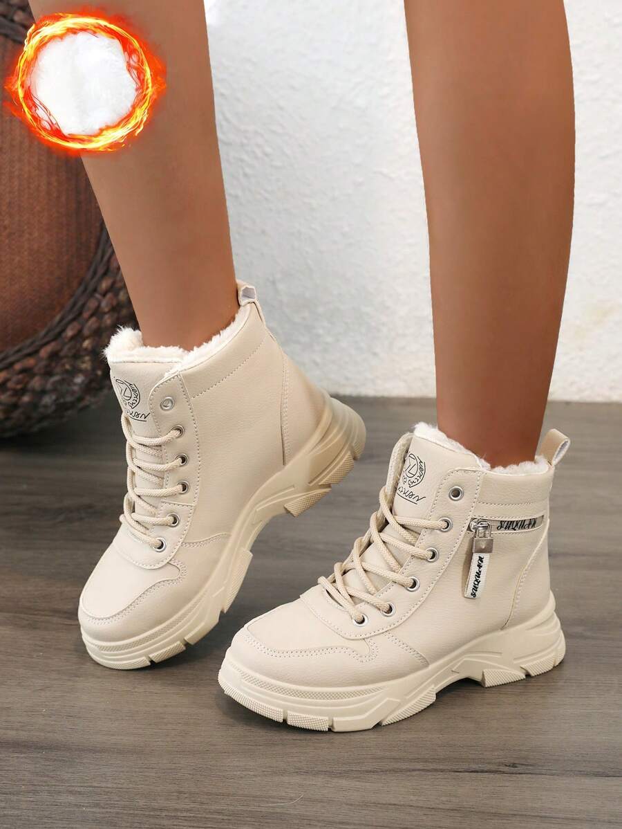 Women's White Shoes, Casual Shoes, Sports Shoes, 2024 Winter New Item With Added Fleece Warmth, Outdoor Thick Sole Height Increase, Fashionable And Versatile Vacation Style, Student Outdoor Hiking Skateboarding Shoes, Flat Chunky Sneakers, Snow Boots, Wom