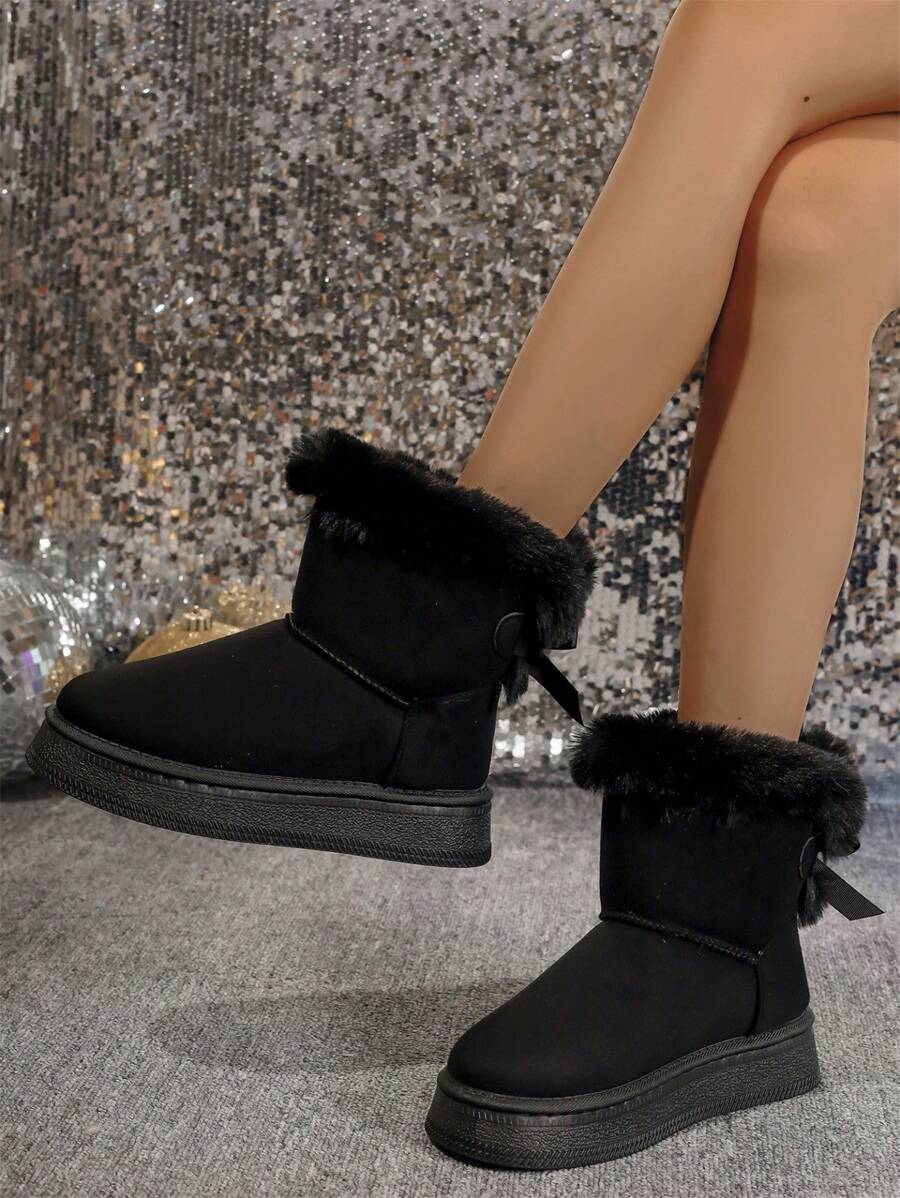 2025Women Snow Boots Winter New Warm Plush Lined Soft Bottom One-Push Bow Decor Thick Sole Boots