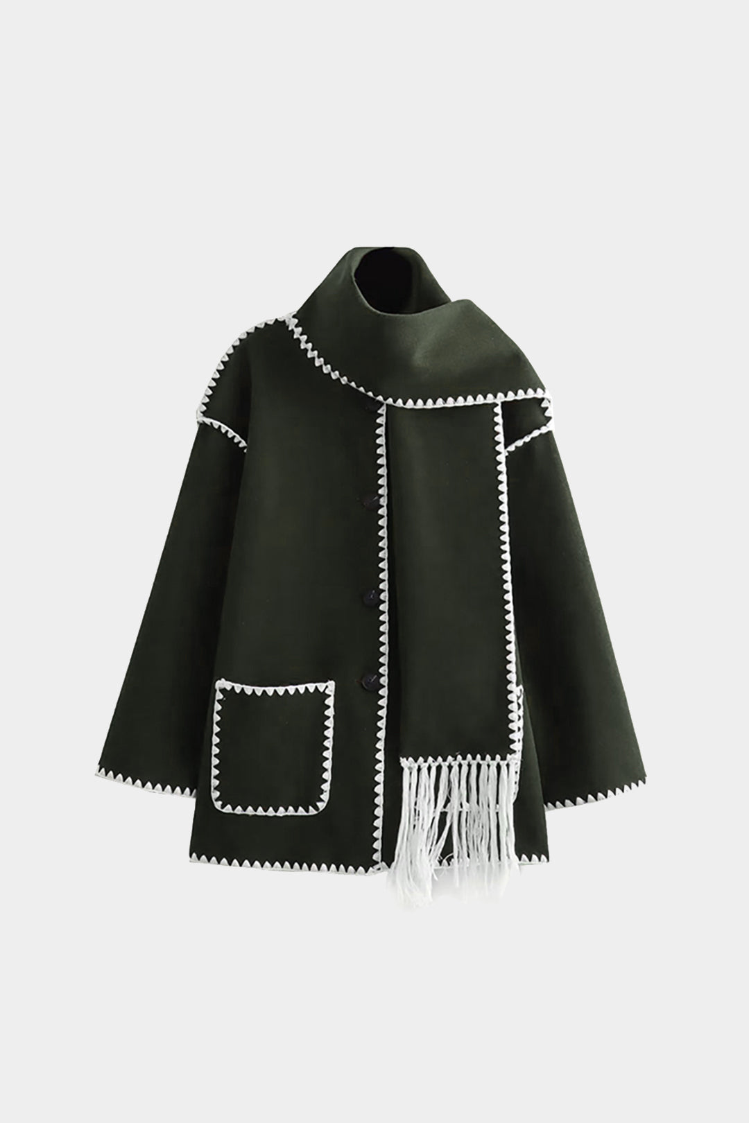 Contrast Trim Wool-blend Coat With Tassel Scarf