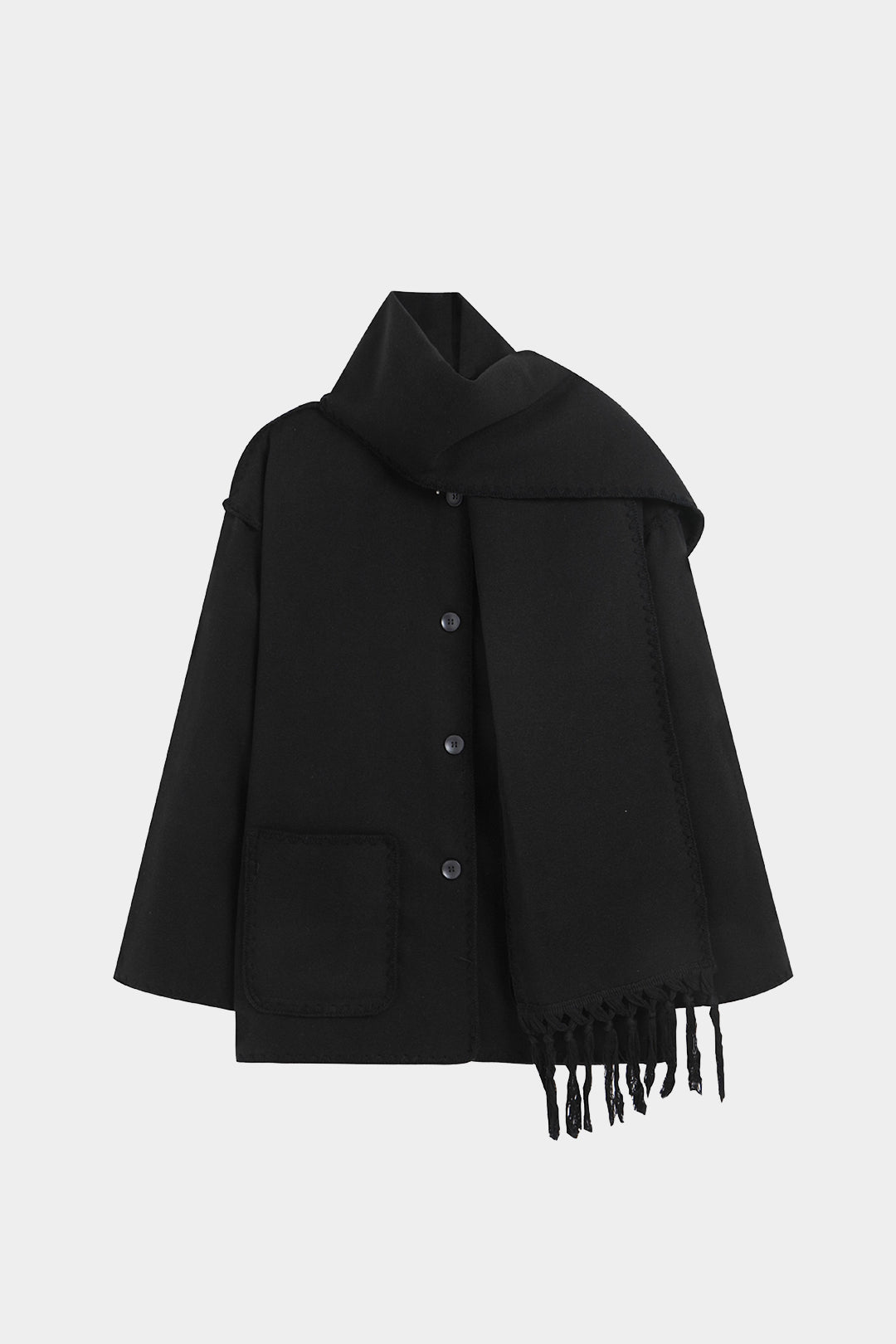 Contrast Trim Wool-blend Coat With Tassel Scarf