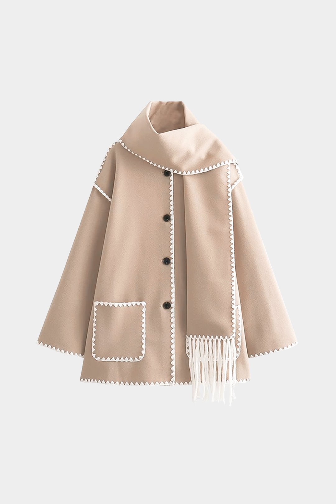 Contrast Trim Wool-blend Coat With Tassel Scarf