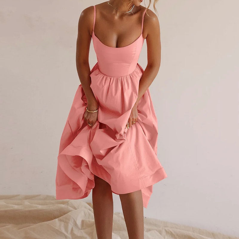 Pure color pleated waist and large swing sexy suspender dress