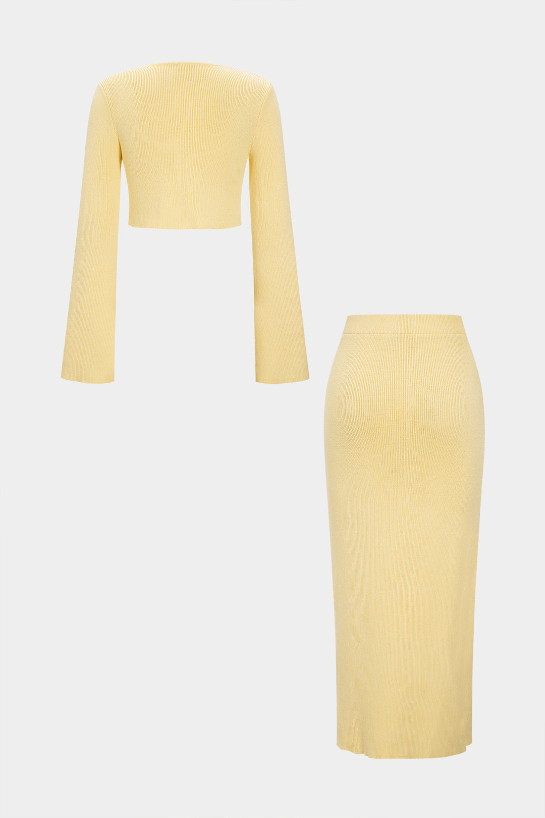 Knit Tie-Up Bell Long Sleeve Top And Side Split Skirt Set