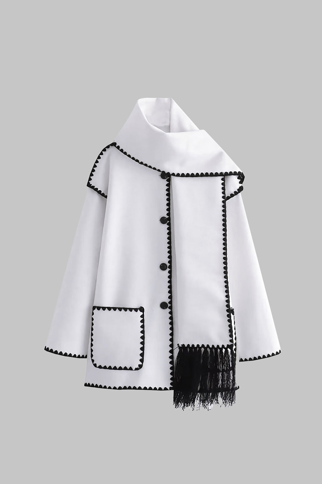 Contrast Trim Wool-blend Coat With Tassel Scarf