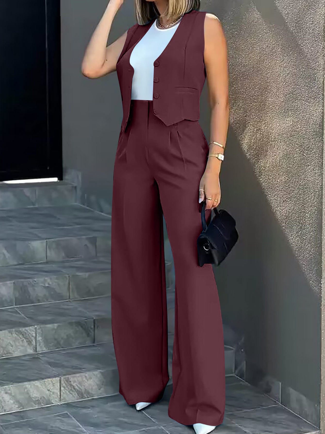 Fashion Solid Color Vest & Wide Leg Pants Two-Piece