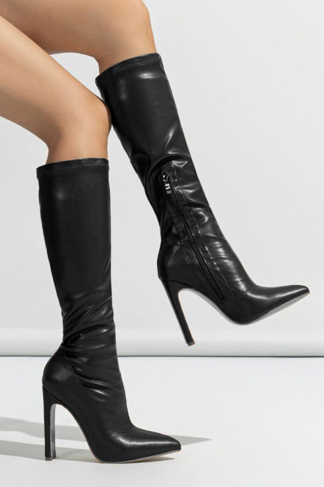 Pointed Zipper Knee High Boots