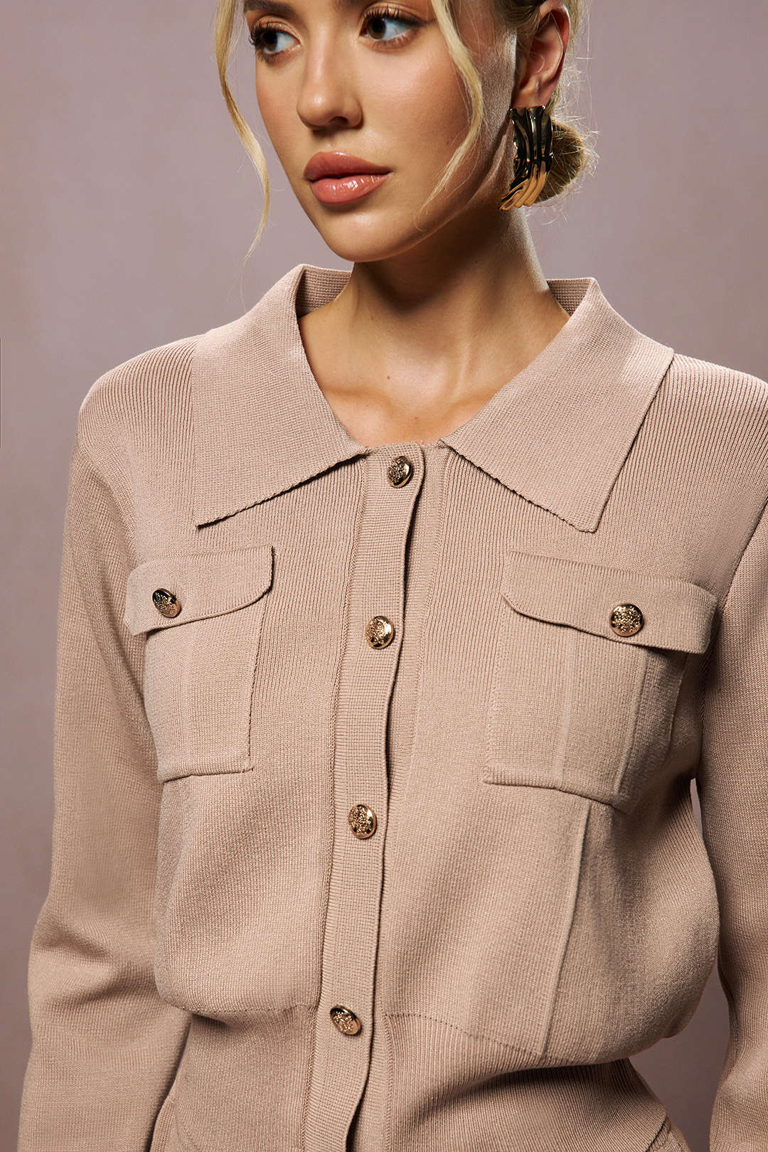 Cropped Button-Up Knit Top And Maxi Skirt Set