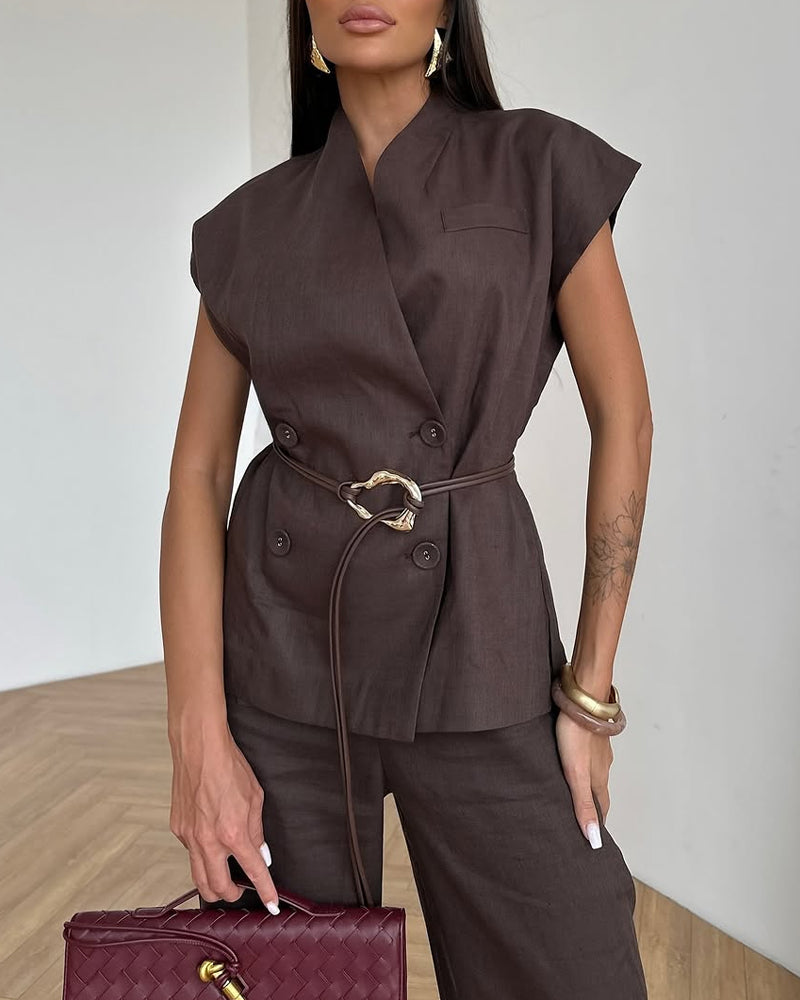Double-breasted Linen Top & Pants Two-piece Set