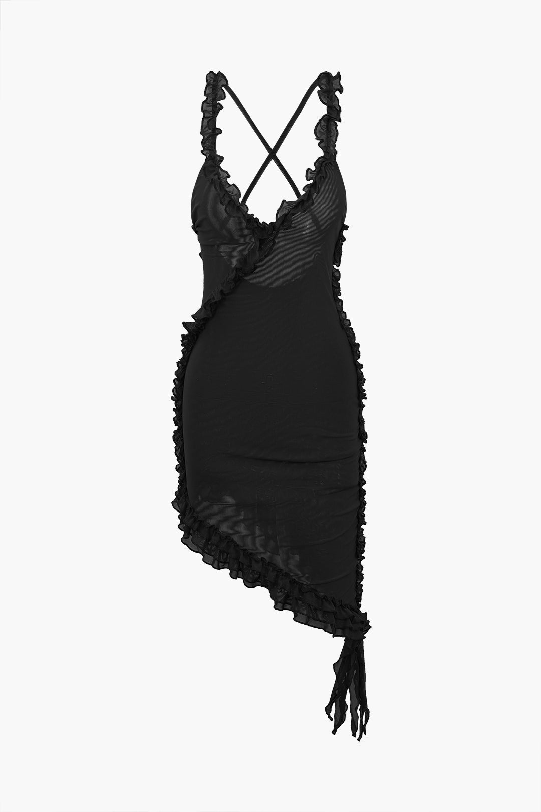 Sheer Mesh Ruffle Trim Asymmetrical Cross Backless Mini Dress