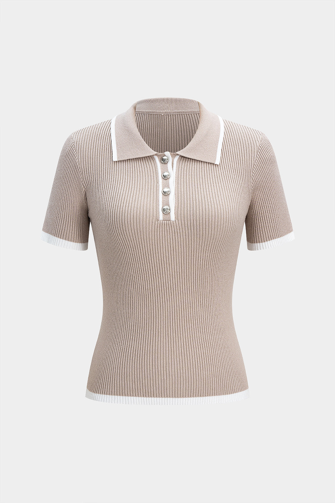 Knit Button Contrast Short-Sleeve Top