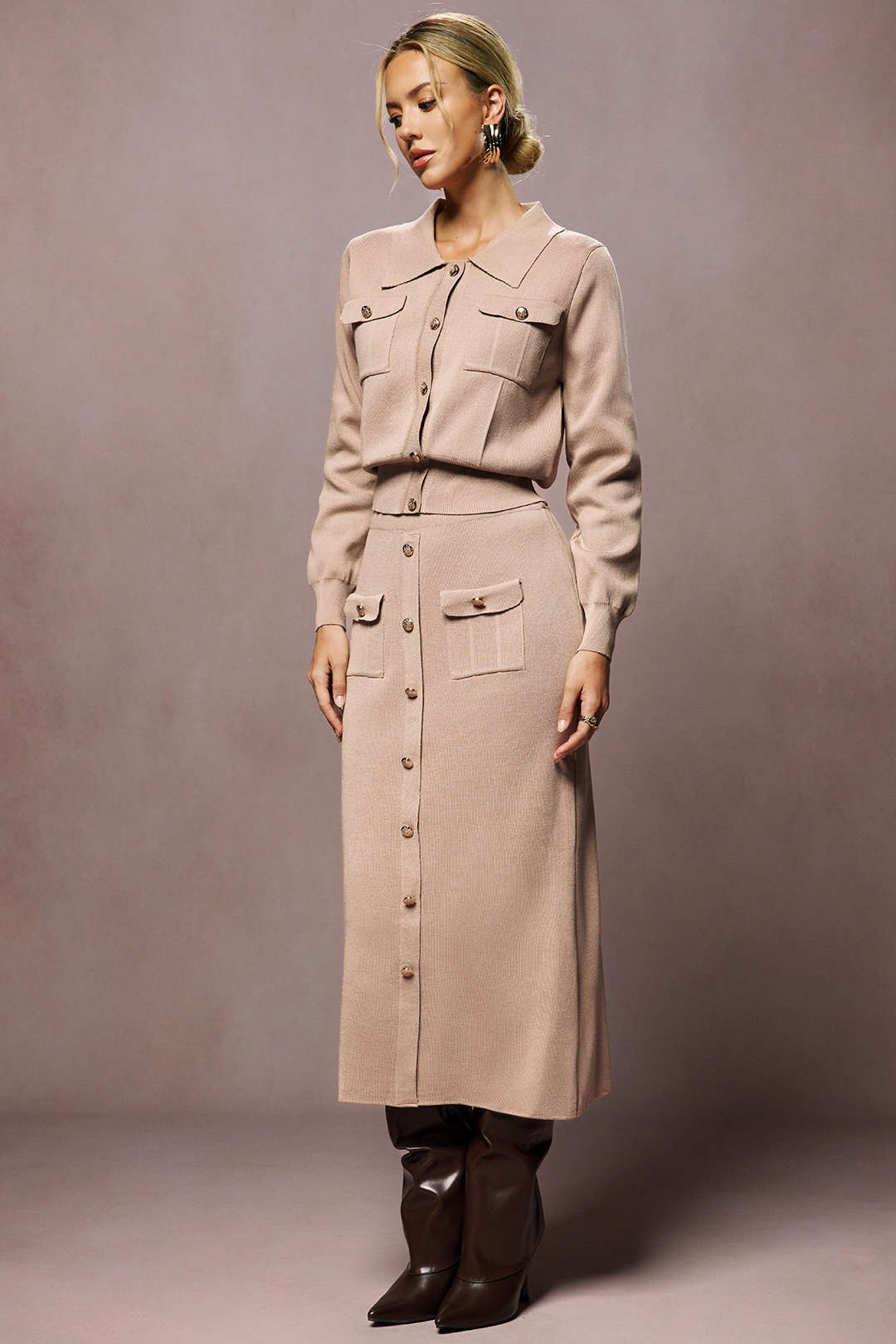 Cropped Button-Up Knit Top And Maxi Skirt Set