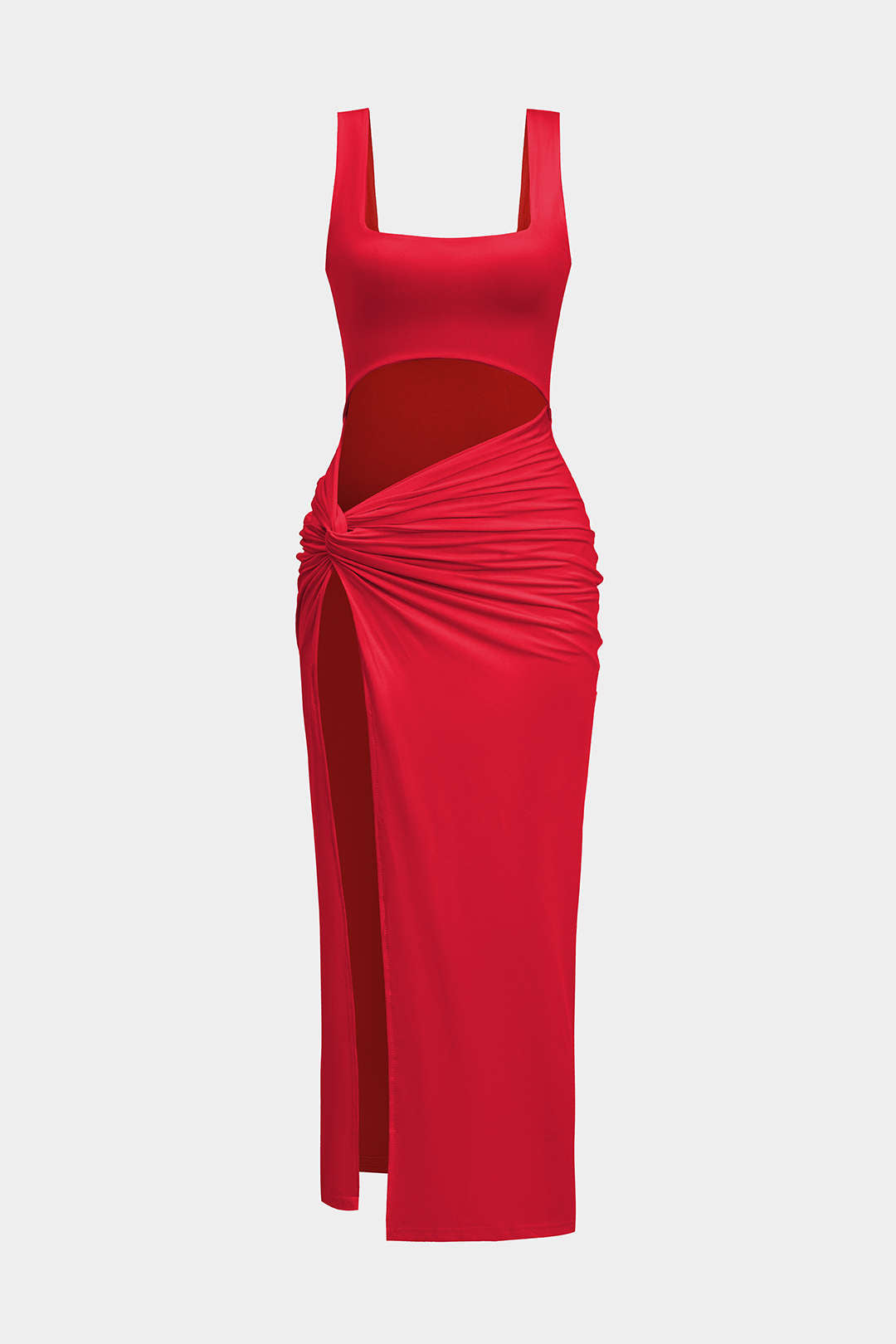 Solid Twist Front Cut Out Slit Midi Dress