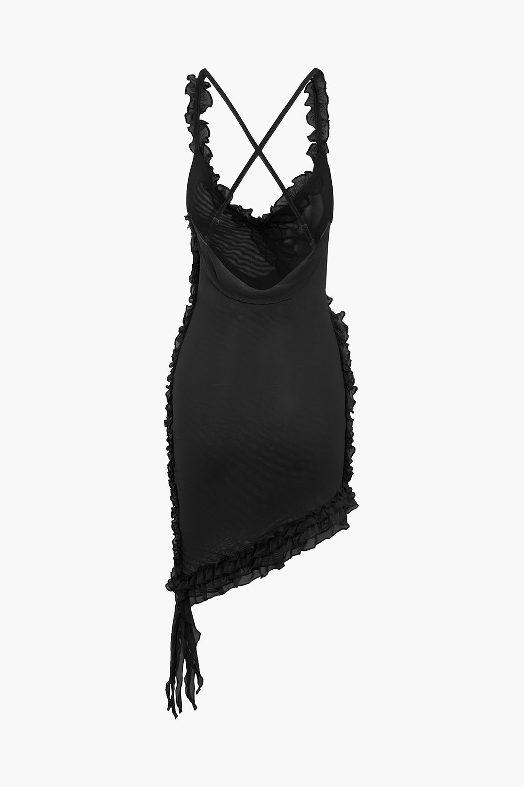 Sheer Mesh Ruffle Trim Asymmetrical Cross Backless Mini Dress