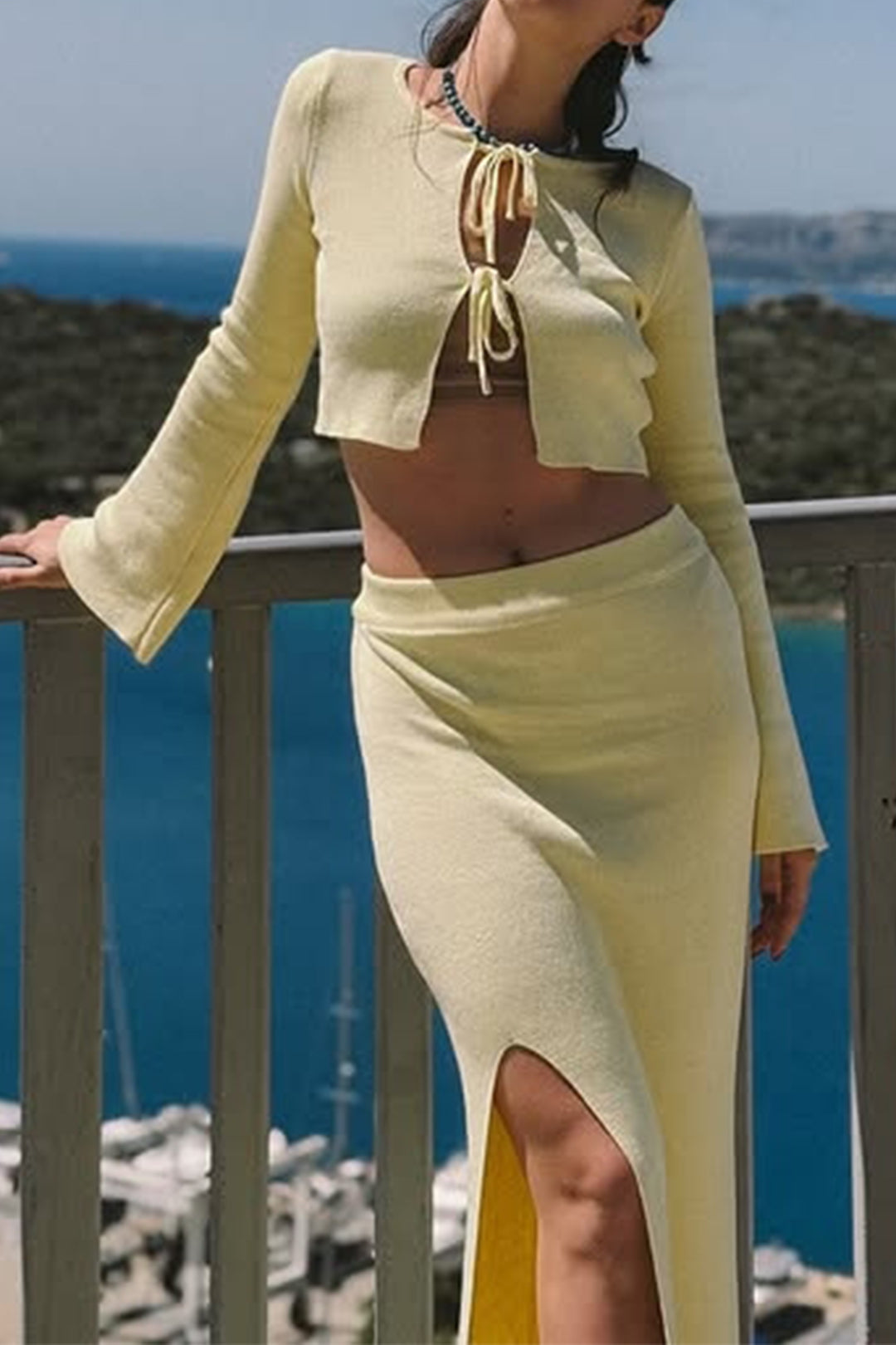 Knit Tie-Up Bell Long Sleeve Top And Side Split Skirt Set