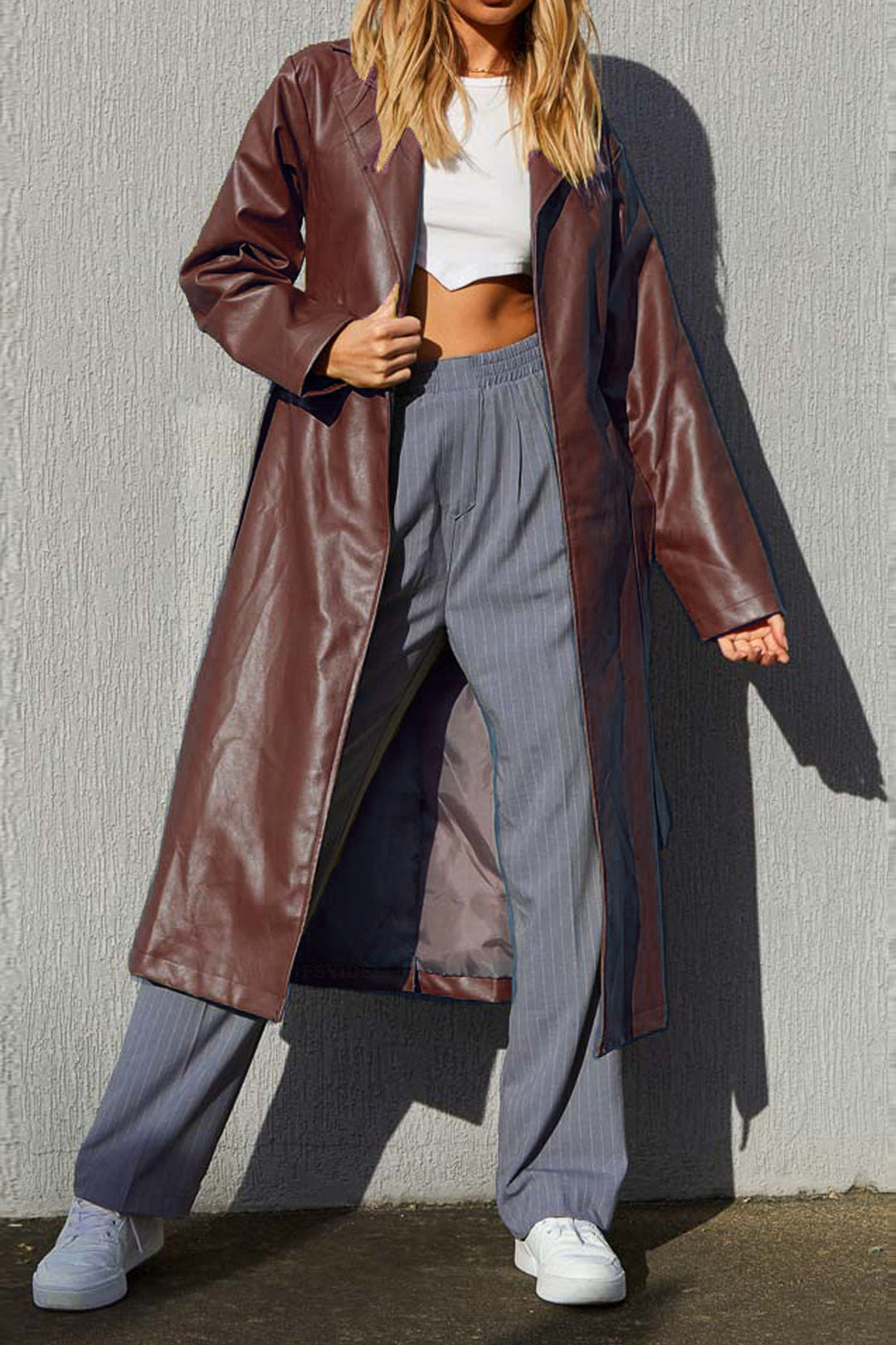 Solid Faux Leather Pocket Knot Long Coat