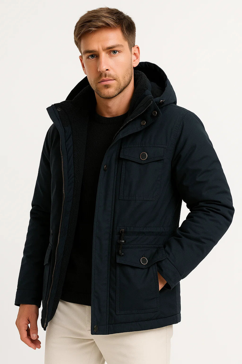 Men's Winter Jacket Cotton Insulated Windproof Casual Navy Blue